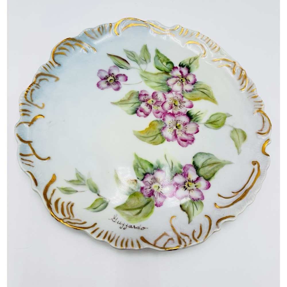 Vintage Guzzardo Hand Painted Porcelain‎ Plate Floral Gold Trim Signed 8.5"